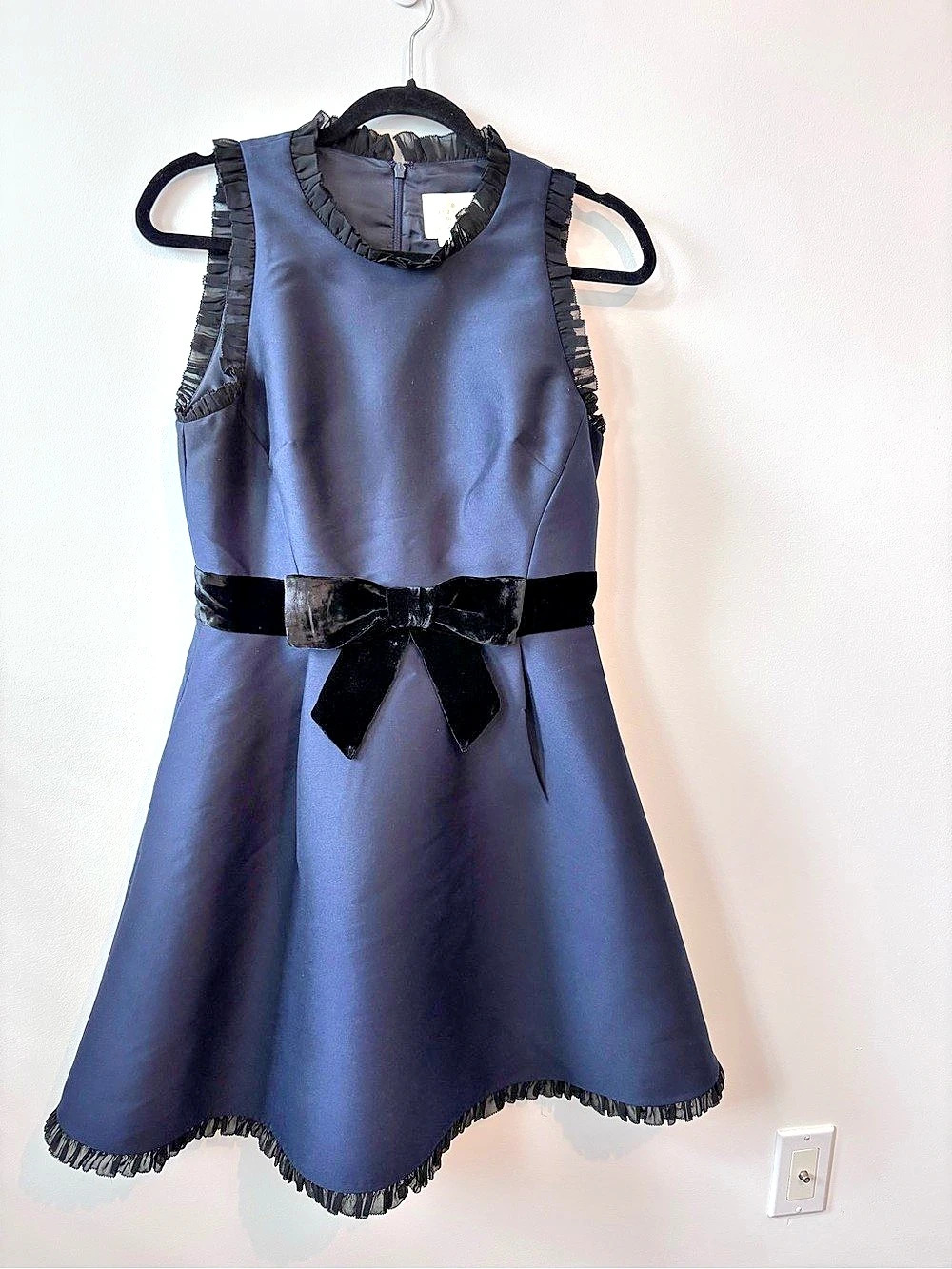Kate Spade Fit & Flare Dress Navy blue with black lace trim and black velvet bow
